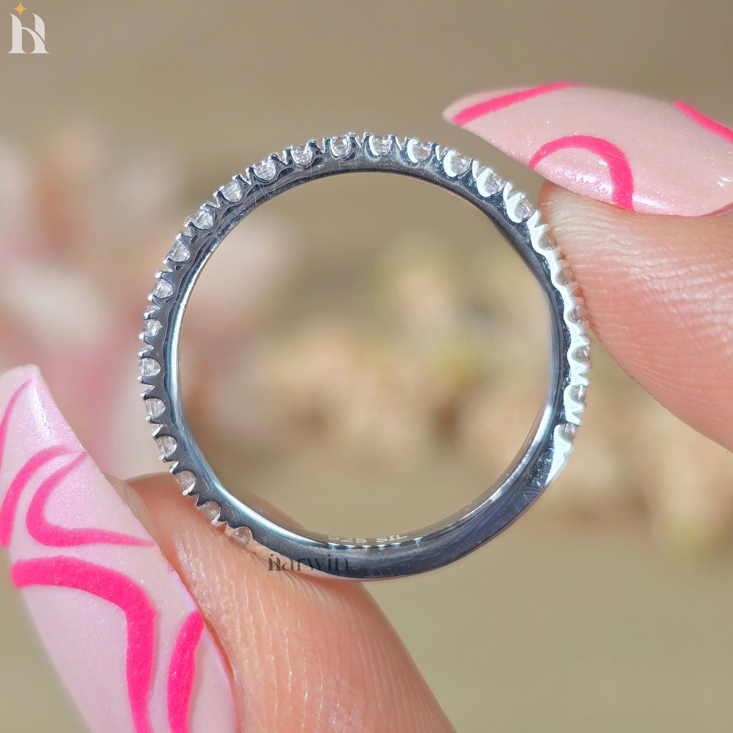 Round Diamond Moissanite Simple Pave Half Eternity Diamond Ring, Matching Band