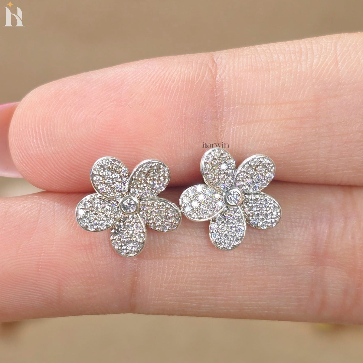 Round Cut Pave Diamond Flower Stud Earrings, Bridal Floral Jewelry Gift for Her
