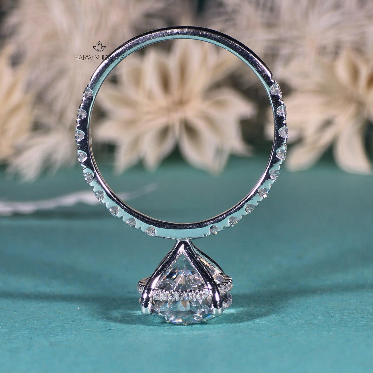 3.5 CT Oval Cut Moissanite Engagement Ring, Half Pave And Hidden Halo Set Ring