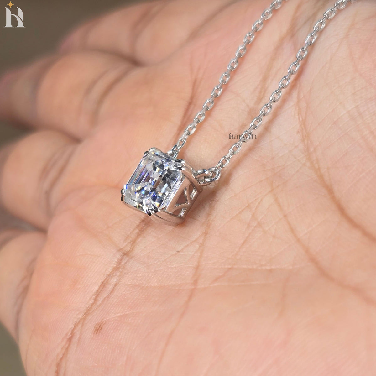 3CT Asscher Cut Solitaire Necklace in 14K Solid Gold Double Prong Setting Gift For
