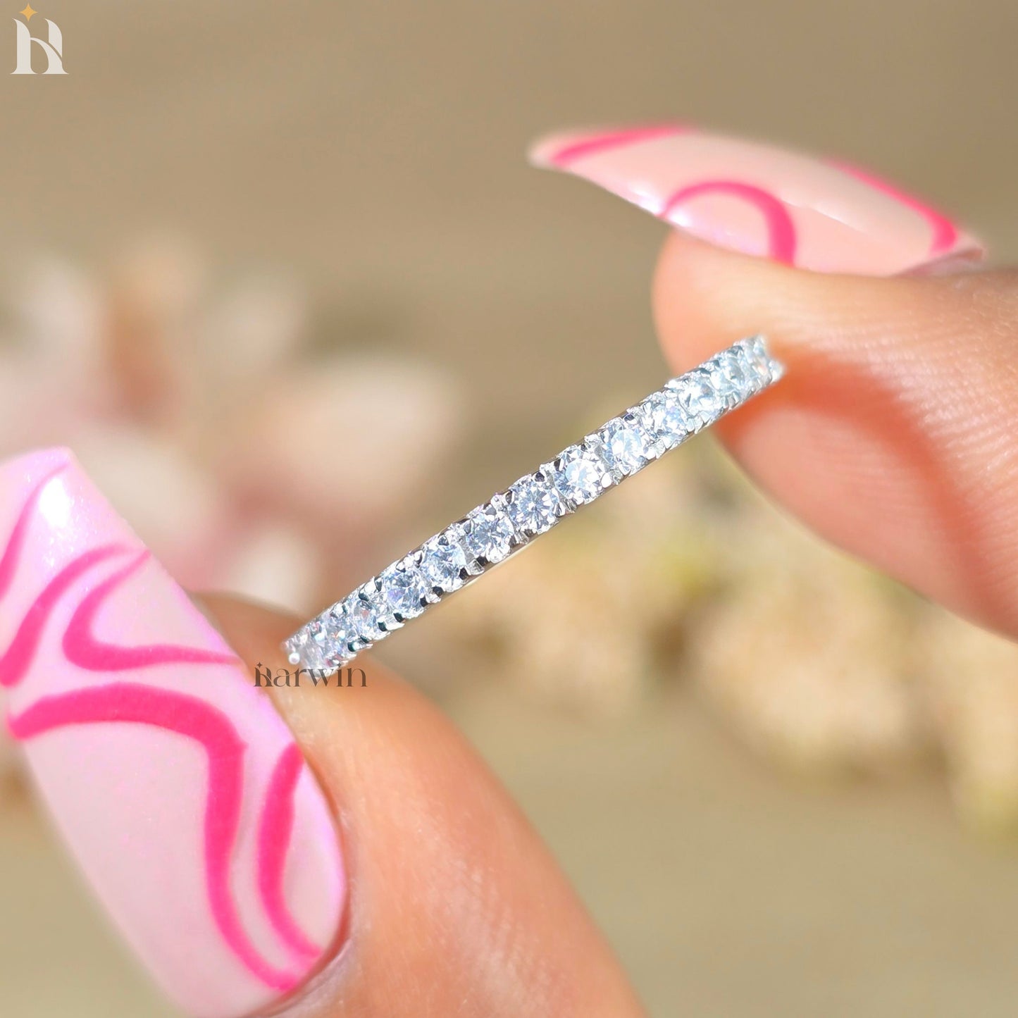 Round Diamond Moissanite Simple Pave Half Eternity Diamond Ring, Matching Band
