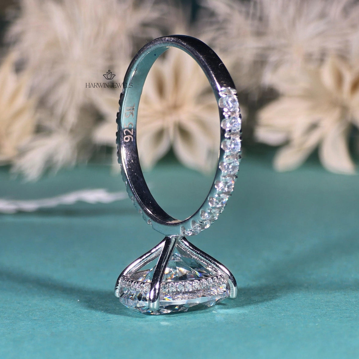 3.5 CT Oval Cut Moissanite Engagement Ring, Half Pave And Hidden Halo Set Ring