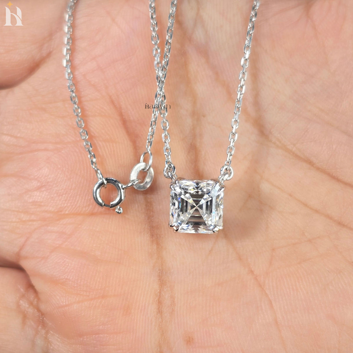 3CT Asscher Cut Solitaire Necklace in 14K Solid Gold Double Prong Setting Gift For