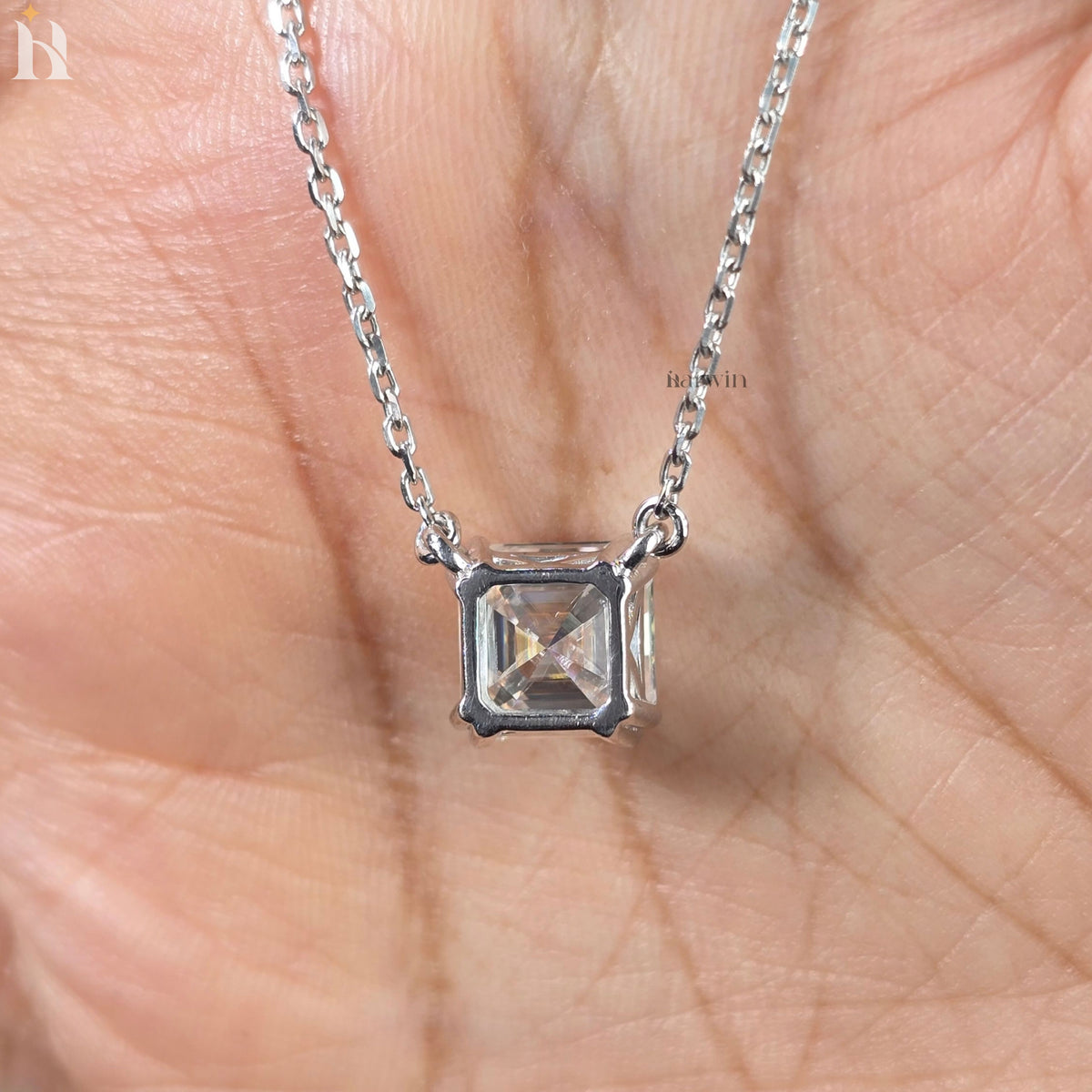 3CT Asscher Cut Solitaire Necklace in 14K Solid Gold Double Prong Setting Gift For