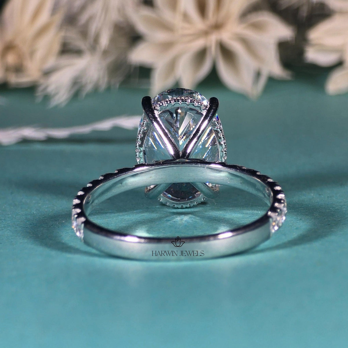 3.5 CT Oval Cut Moissanite Engagement Ring, Half Pave And Hidden Halo Set Ring