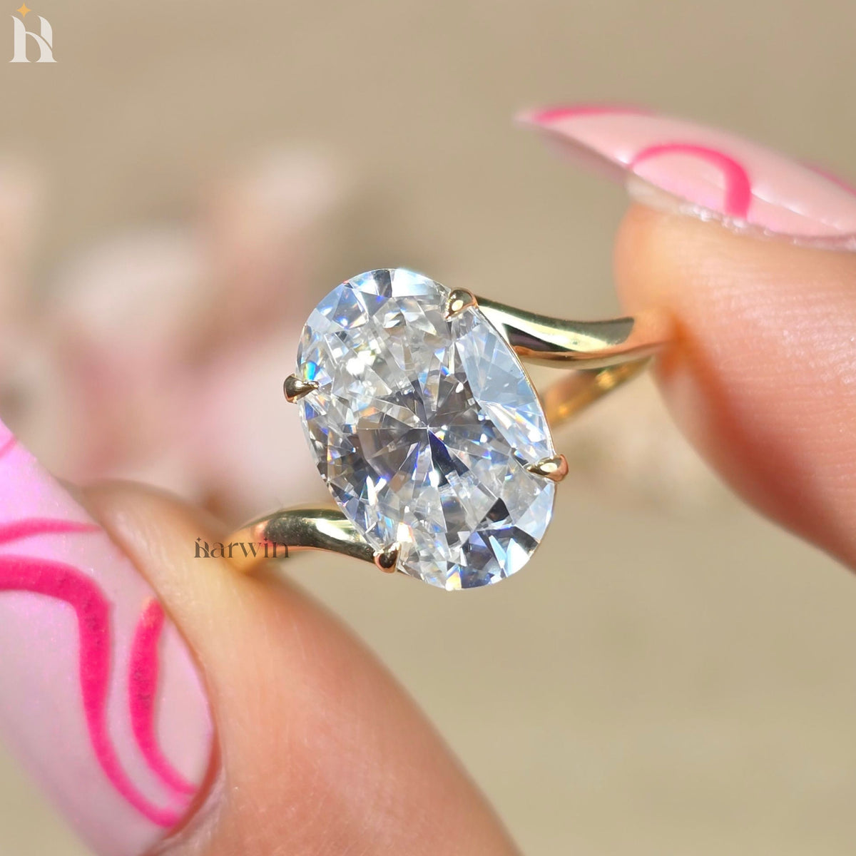 5 CT Oval Cut Moissanite Solitaire Ring, Bypass Shank & Prong Setting, Minimal Gold Ring
