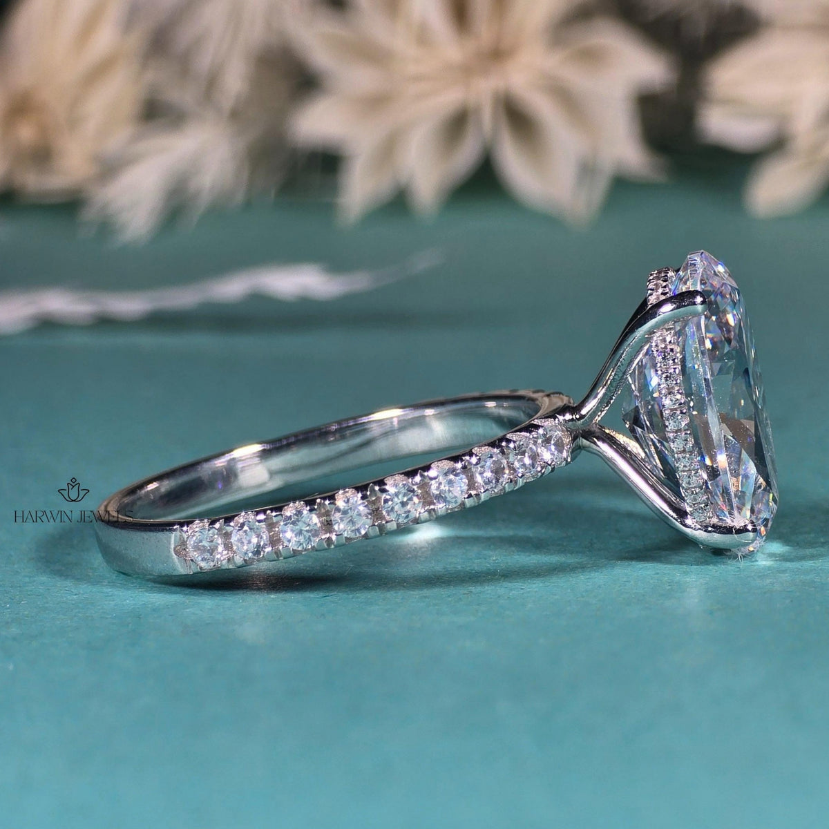 3.5 CT Oval Cut Moissanite Engagement Ring, Half Pave And Hidden Halo Set Ring