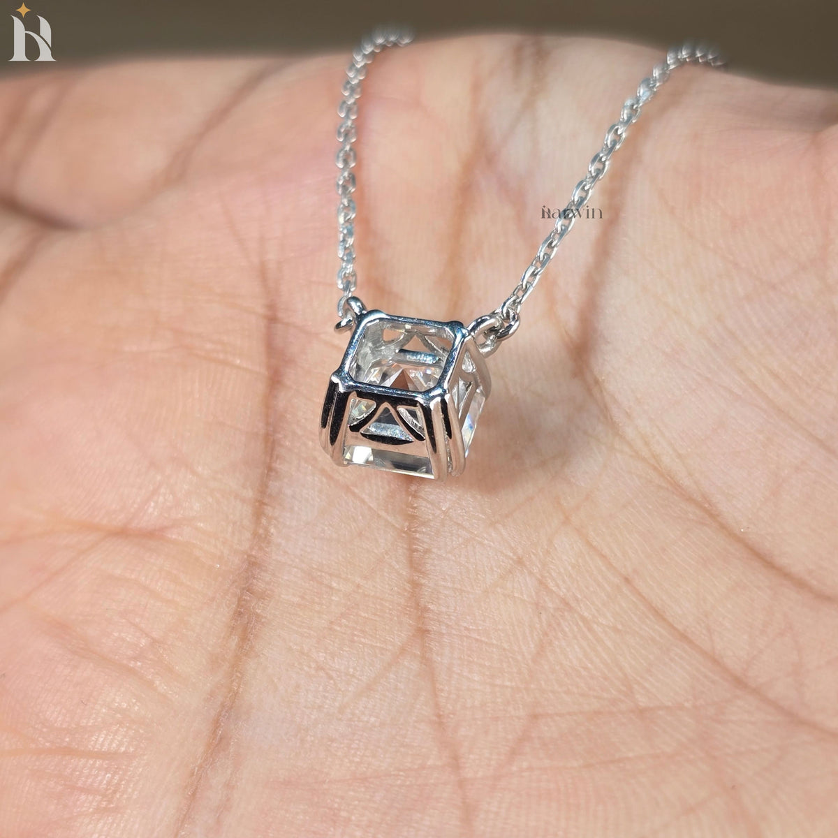3CT Asscher Cut Solitaire Necklace in 14K Solid Gold Double Prong Setting Gift For