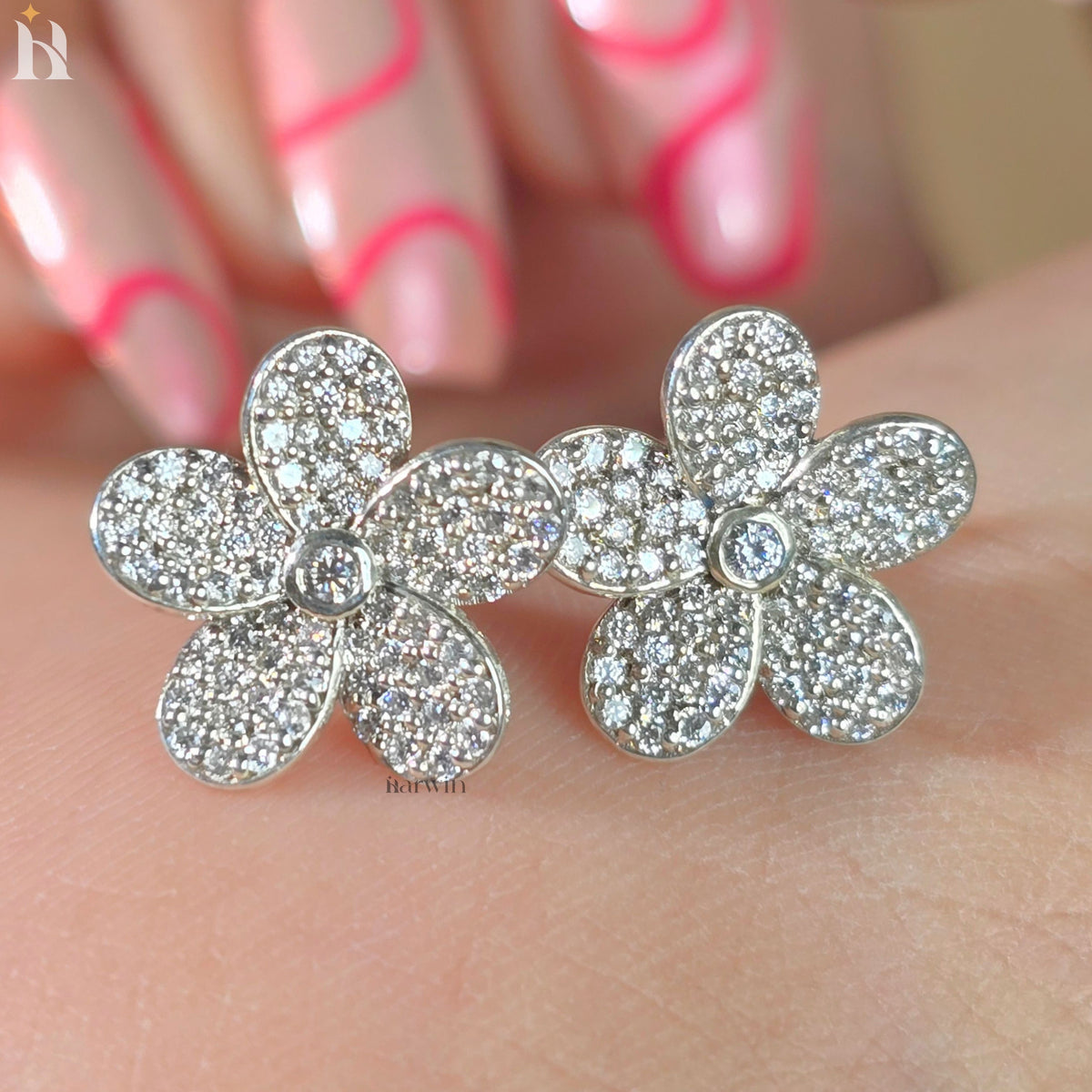 Round Cut Pave Diamond Flower Stud Earrings, Bridal Floral Jewelry Gift for Her