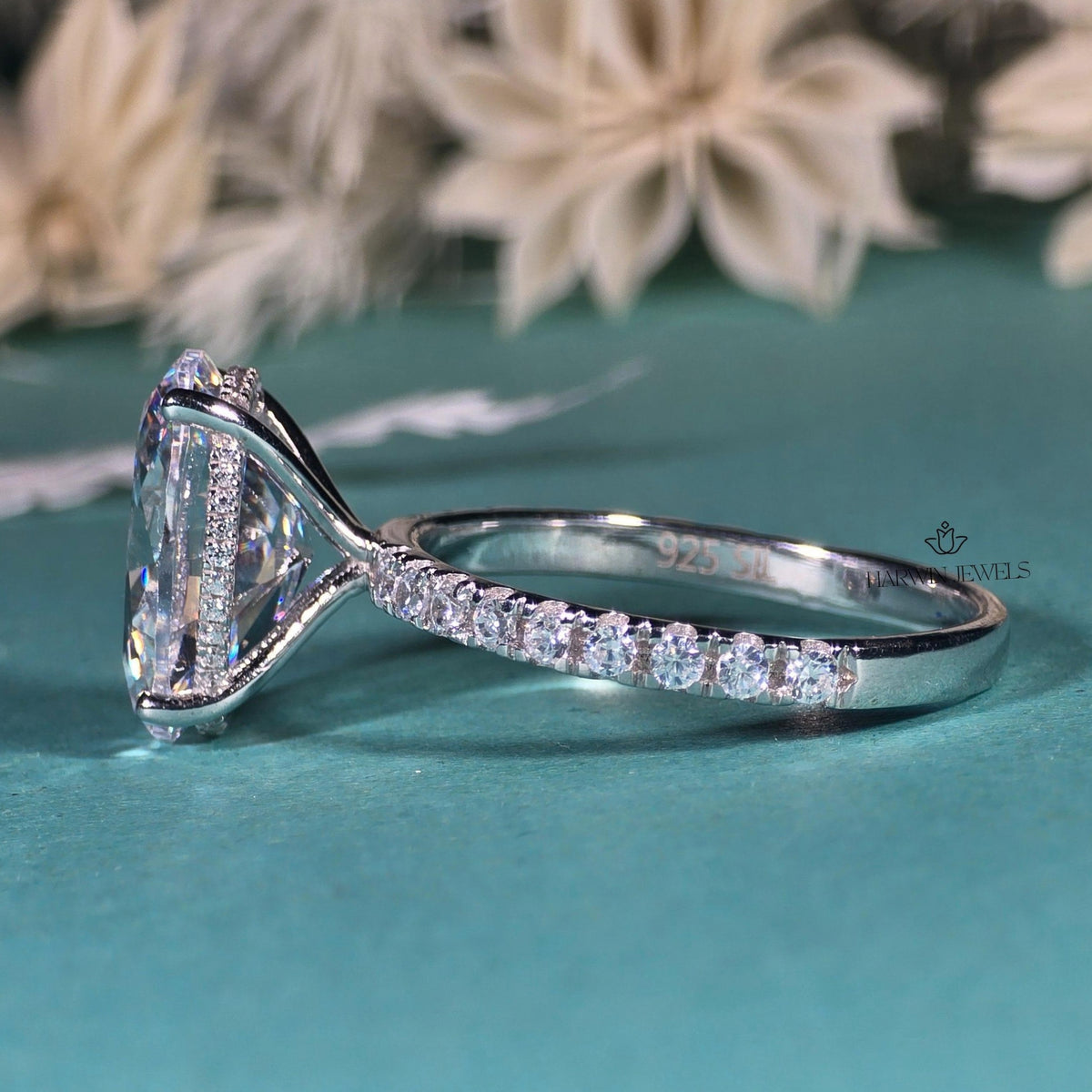 3.5 CT Oval Cut Moissanite Engagement Ring, Half Pave And Hidden Halo Set Ring