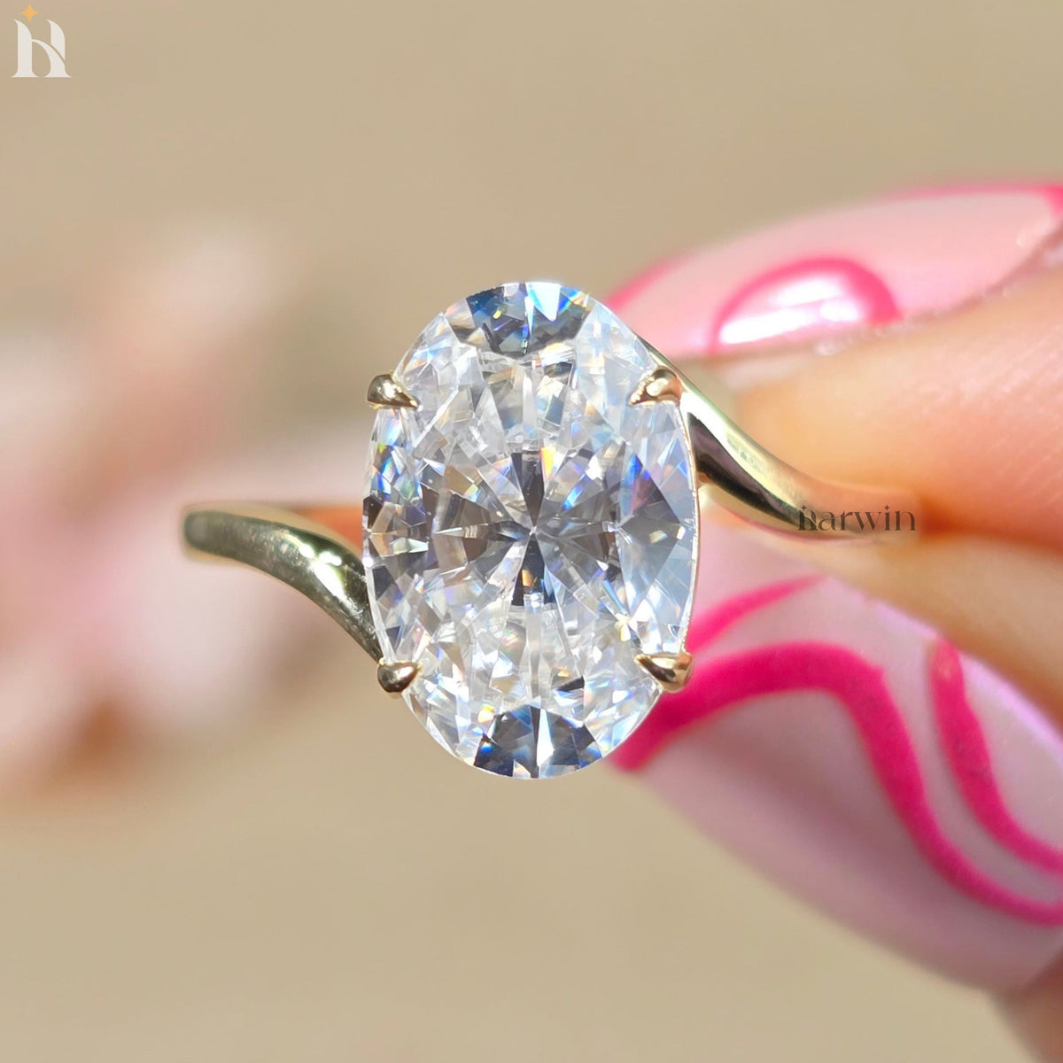 5 CT Oval Cut Moissanite Solitaire Ring, Bypass Shank & Prong Setting, Minimal Gold Ring