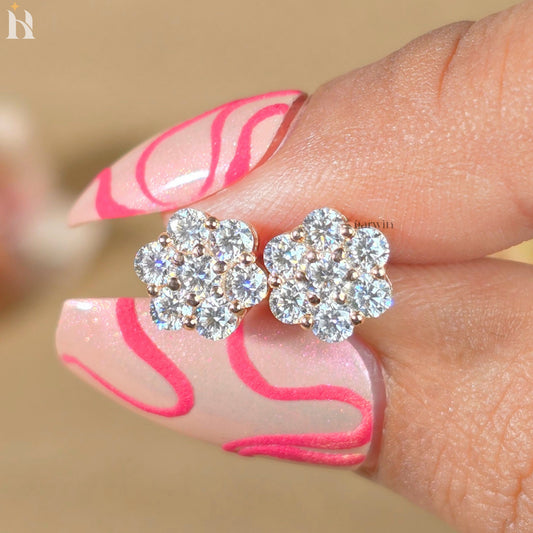Round Cut Pave Diamond Earrings, Bridal Floral Jewelry Gift for Her