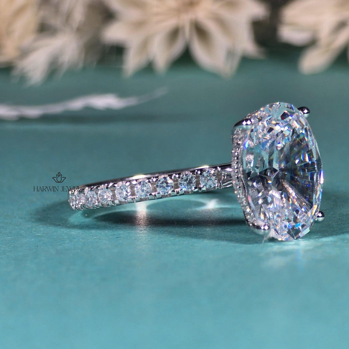 3.5 CT Oval Cut Moissanite Engagement Ring, Half Pave And Hidden Halo Set Ring