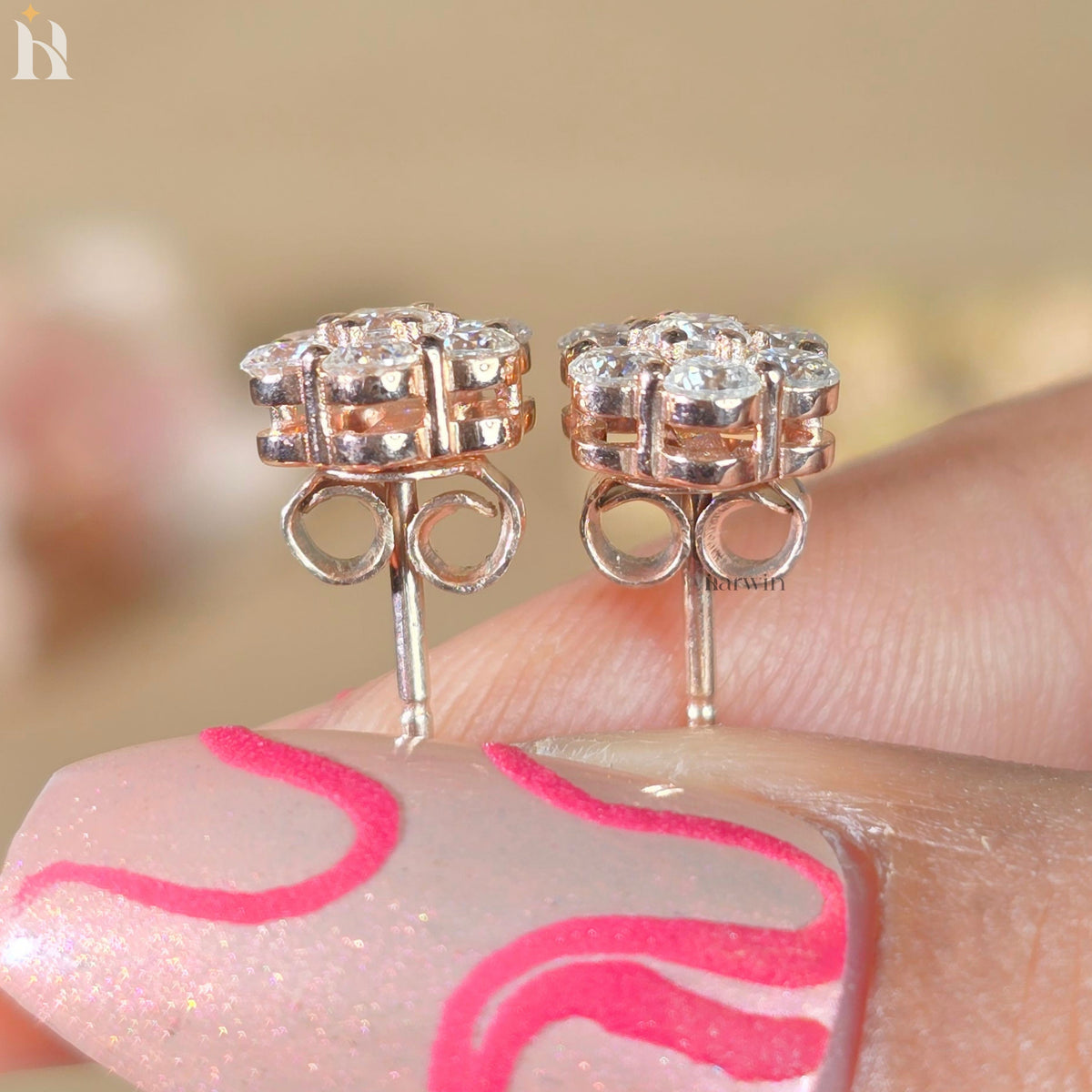 Round Cut Pave Diamond Earrings, Bridal Floral Jewelry Gift for Her