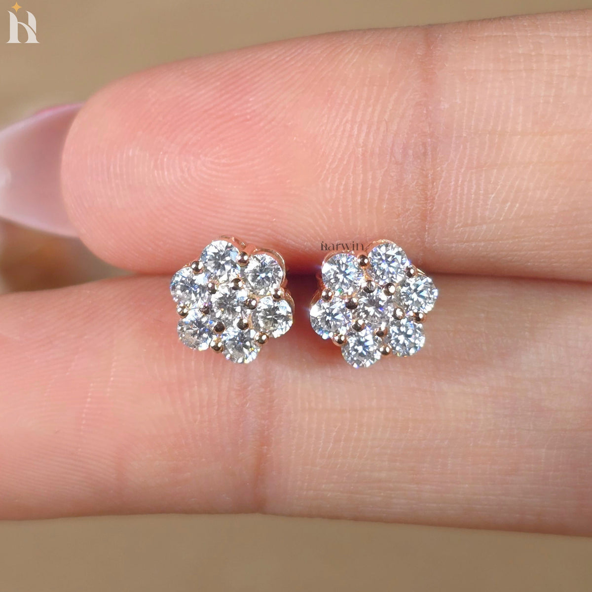 Round Cut Pave Diamond Earrings, Bridal Floral Jewelry Gift for Her