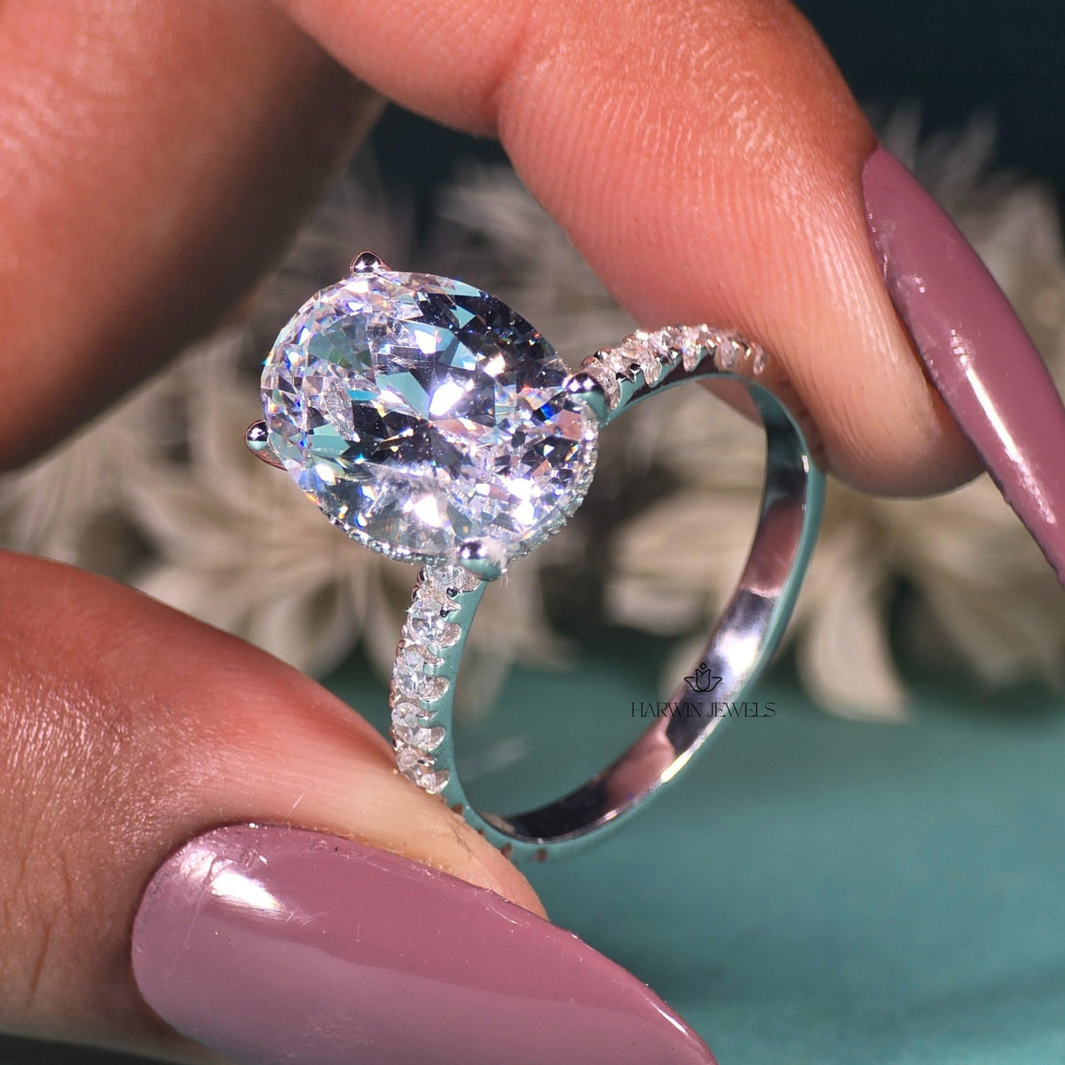 3.5 CT Oval Cut Moissanite Engagement Ring, Half Pave And Hidden Halo Set Ring