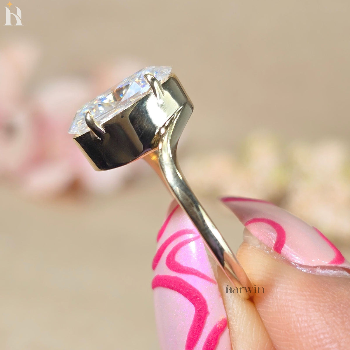 5 CT Oval Cut Moissanite Solitaire Ring, Bypass Shank & Prong Setting, Minimal Gold Ring