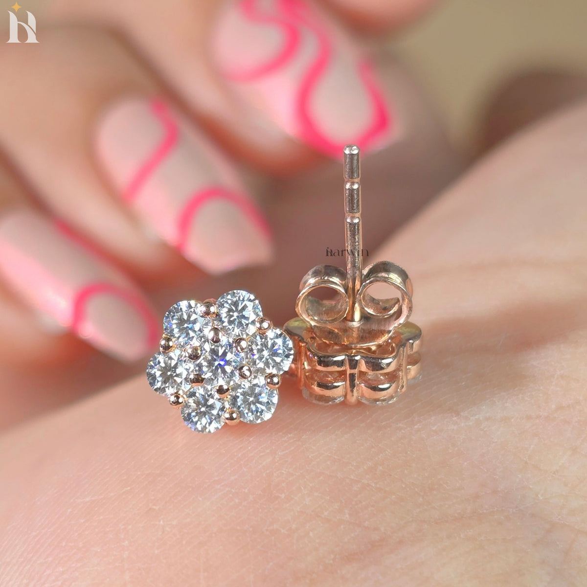 Round Cut Pave Diamond Earrings, Bridal Floral Jewelry Gift for Her