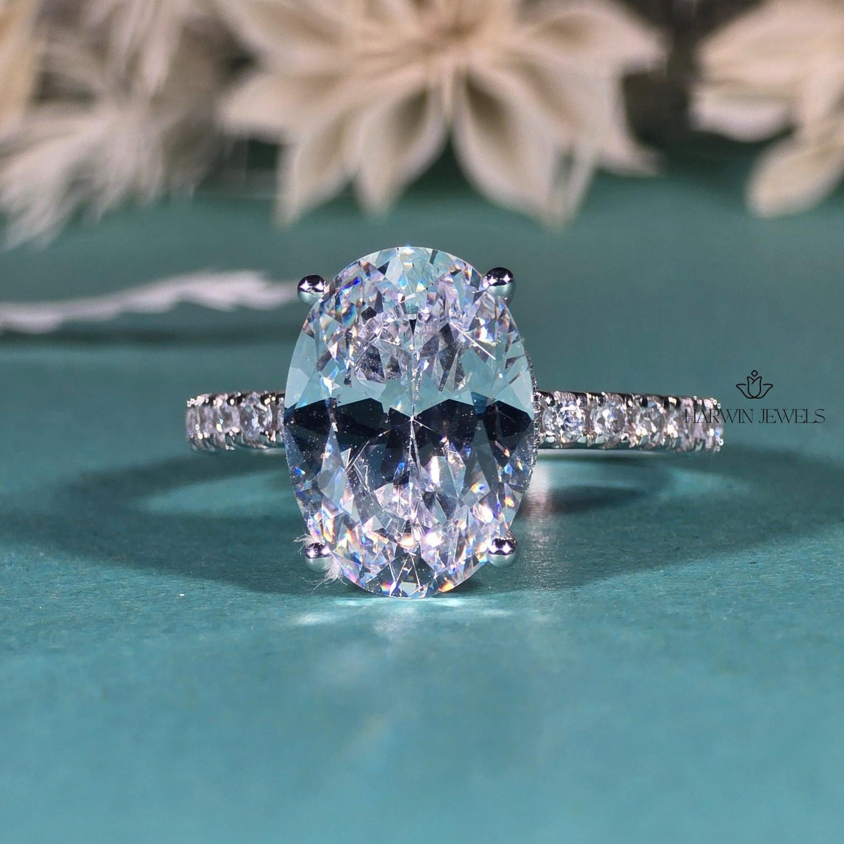 3.5 CT Oval Cut Moissanite Engagement Ring, Half Pave And Hidden Halo Set Ring