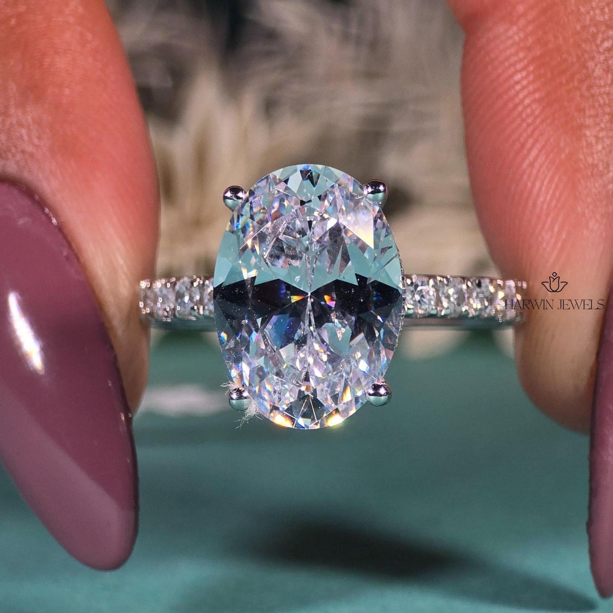 3.5 CT Oval Cut Moissanite Engagement Ring, Half Pave And Hidden Halo Set Ring
