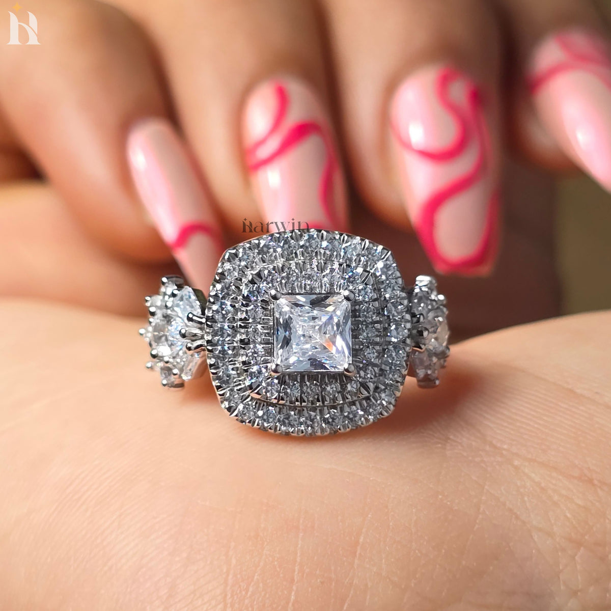 Princess Cut Moissanite Cocktail Double halo Engagement Ring, Pear & Baguette Side Diamond Ring