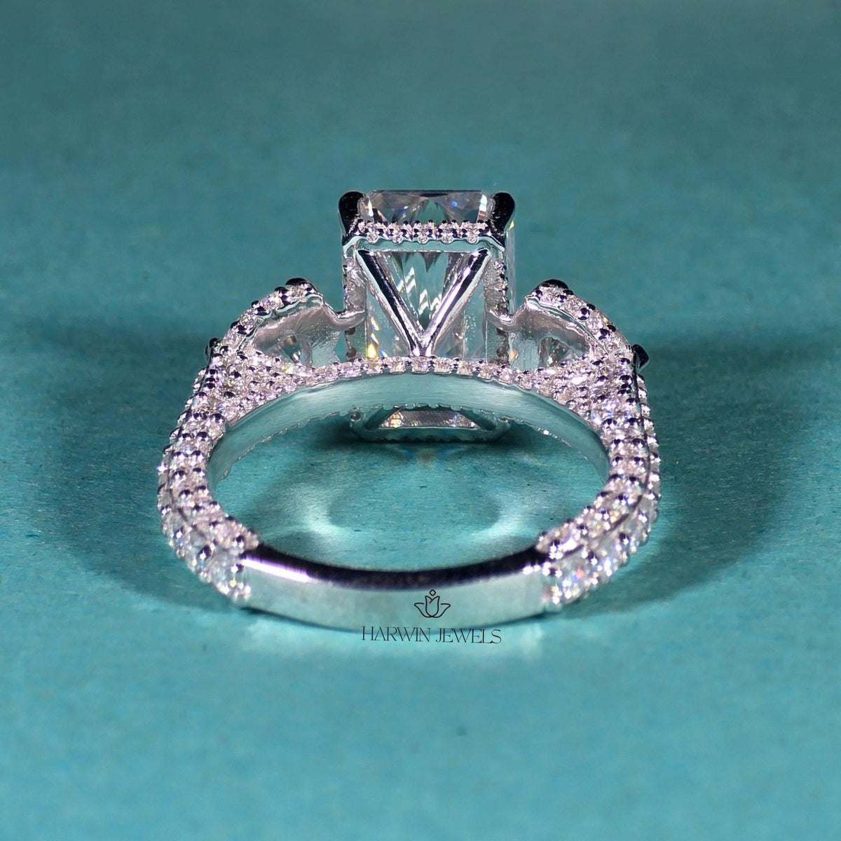 4.50 CT Radiant Cut Side Stone Heart Moissanite Three Stone Ring, Pave Setting Band