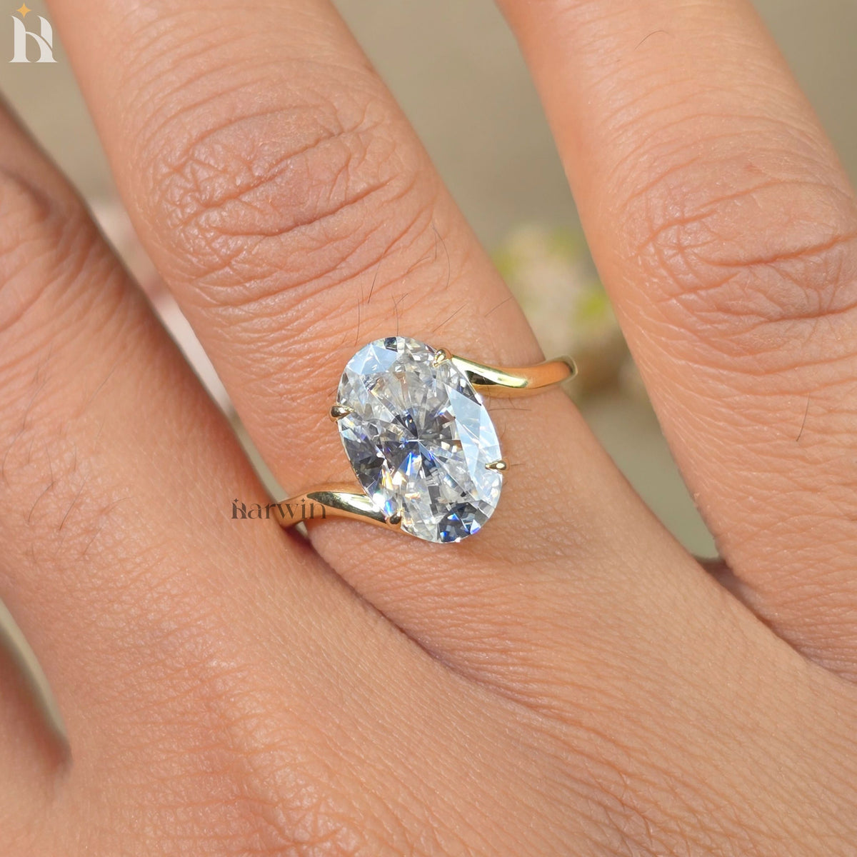 5 CT Oval Cut Moissanite Solitaire Ring, Bypass Shank & Prong Setting, Minimal Gold Ring