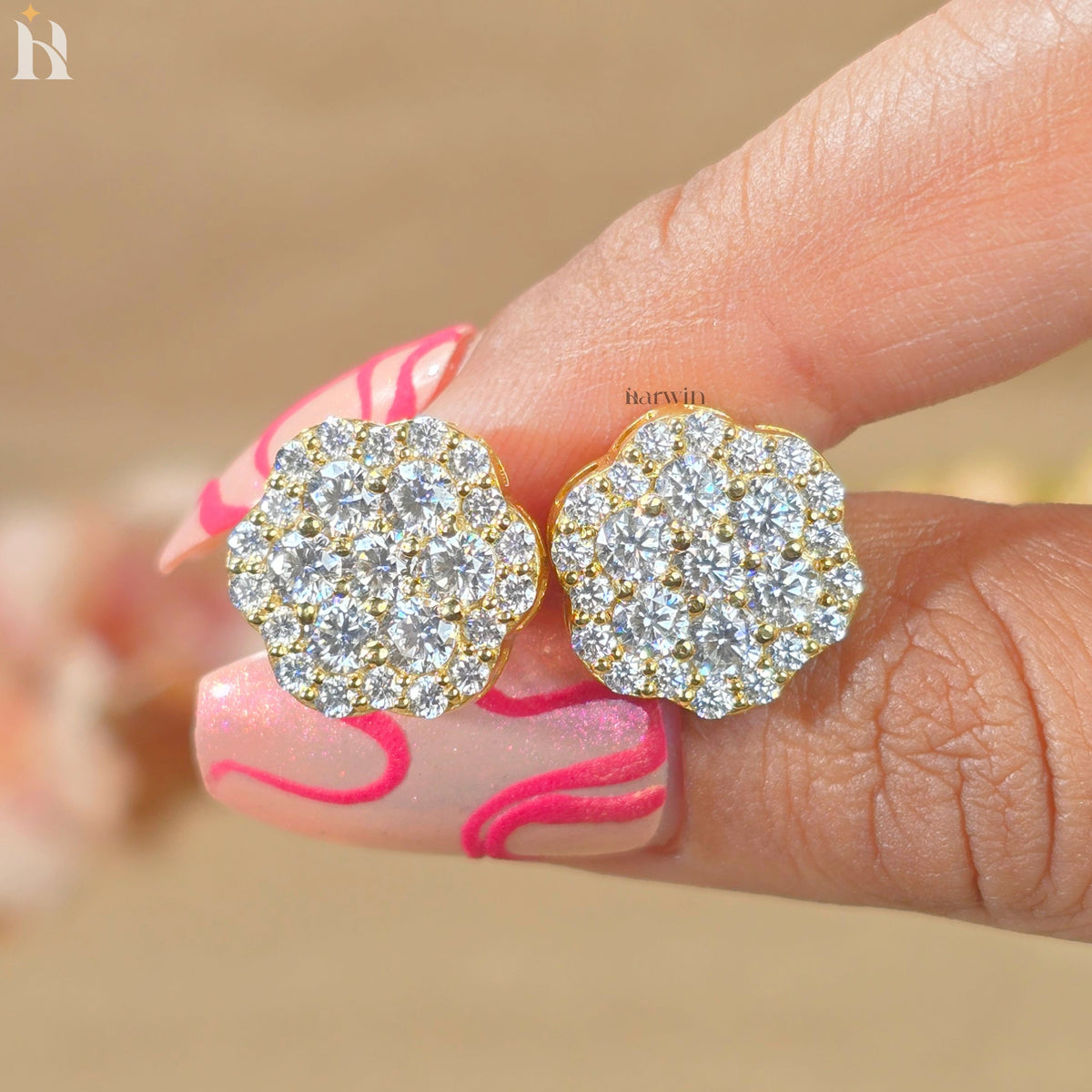 Round Cut Flower Cluster Stud Earrings, Pave Floral Moissanite Studs, Gold Earrings