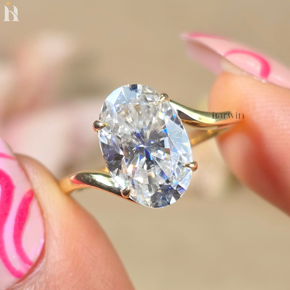 5 CT Oval Cut Moissanite Solitaire Ring, Bypass Shank & Prong Setting, Minimal Gold Ring