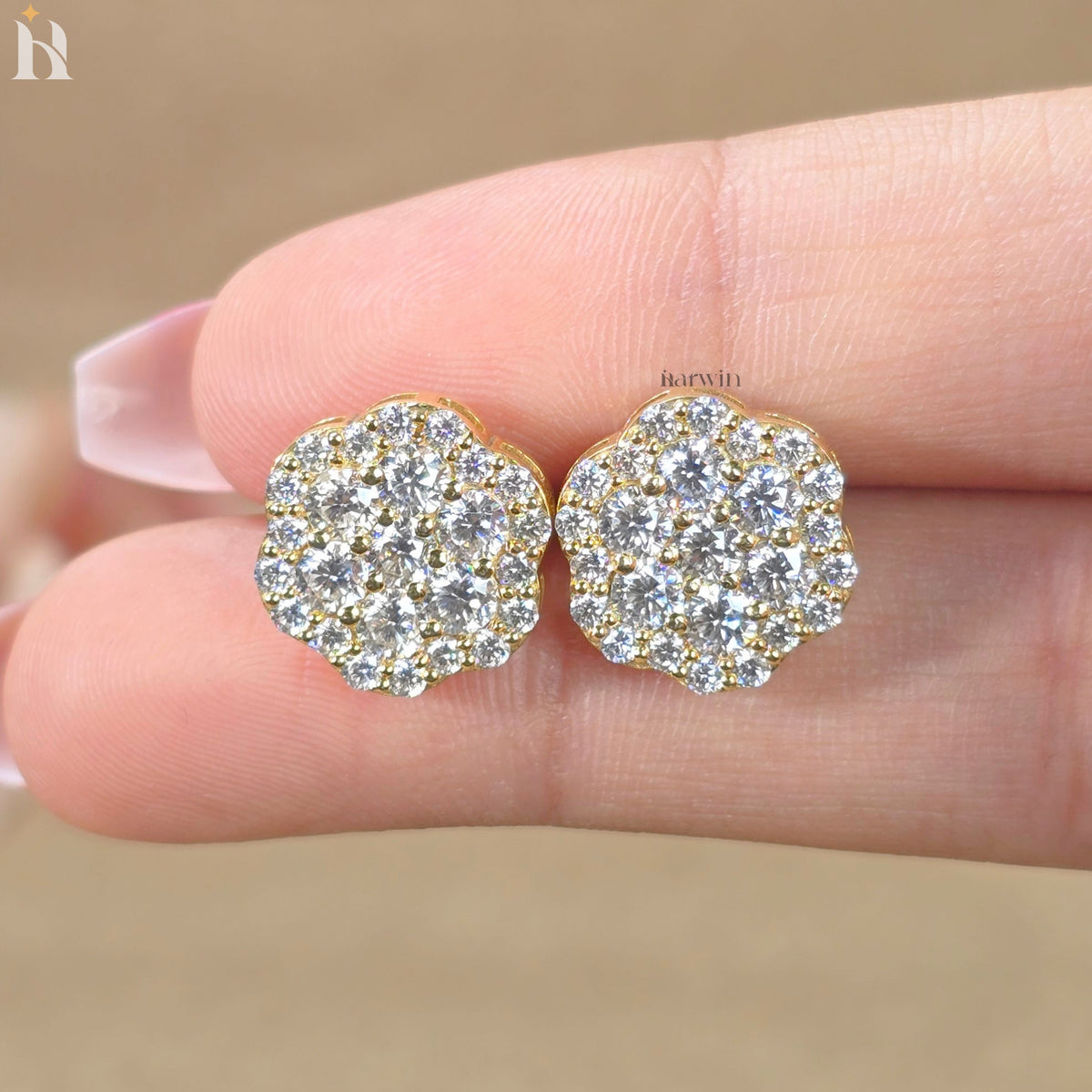 Round Cut Flower Cluster Stud Earrings, Pave Floral Moissanite Studs, Gold Earrings