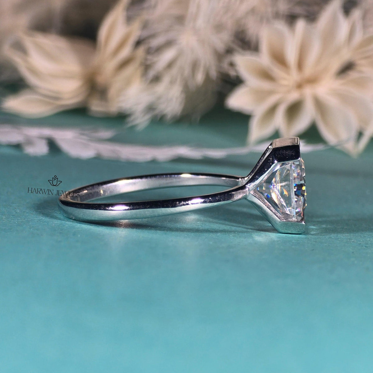 2.5CT East West Radiant Cut Moissanite Solitaires Ring, Half Bezel Setting Ring