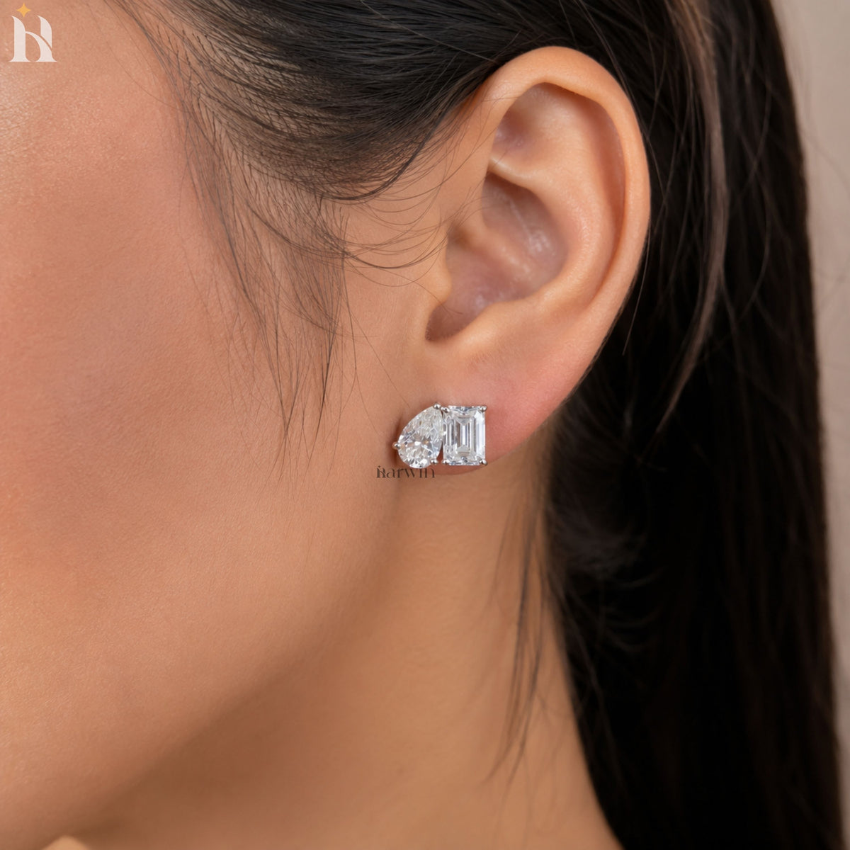 Emerald & Pear Cut Toi et Moi Stud Earrings, Push Back Minimalist Two Stone Earrings