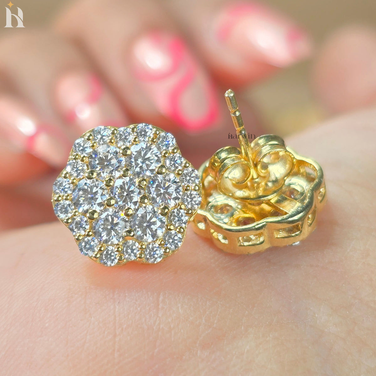 Round Cut Flower Cluster Stud Earrings, Pave Floral Moissanite Studs, Gold Earrings