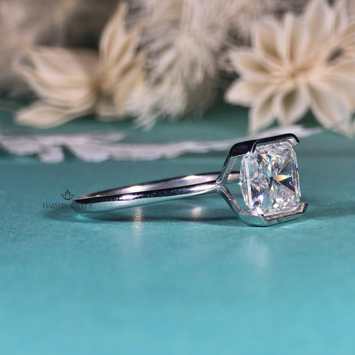 2.5CT East West Radiant Cut Moissanite Solitaires Ring, Half Bezel Setting Ring