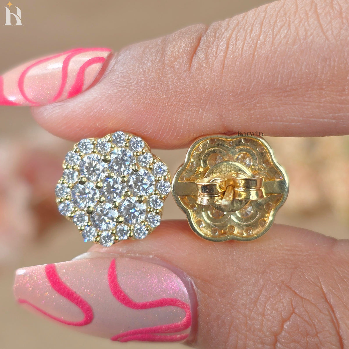 Round Cut Flower Cluster Stud Earrings, Pave Floral Moissanite Studs, Gold Earrings
