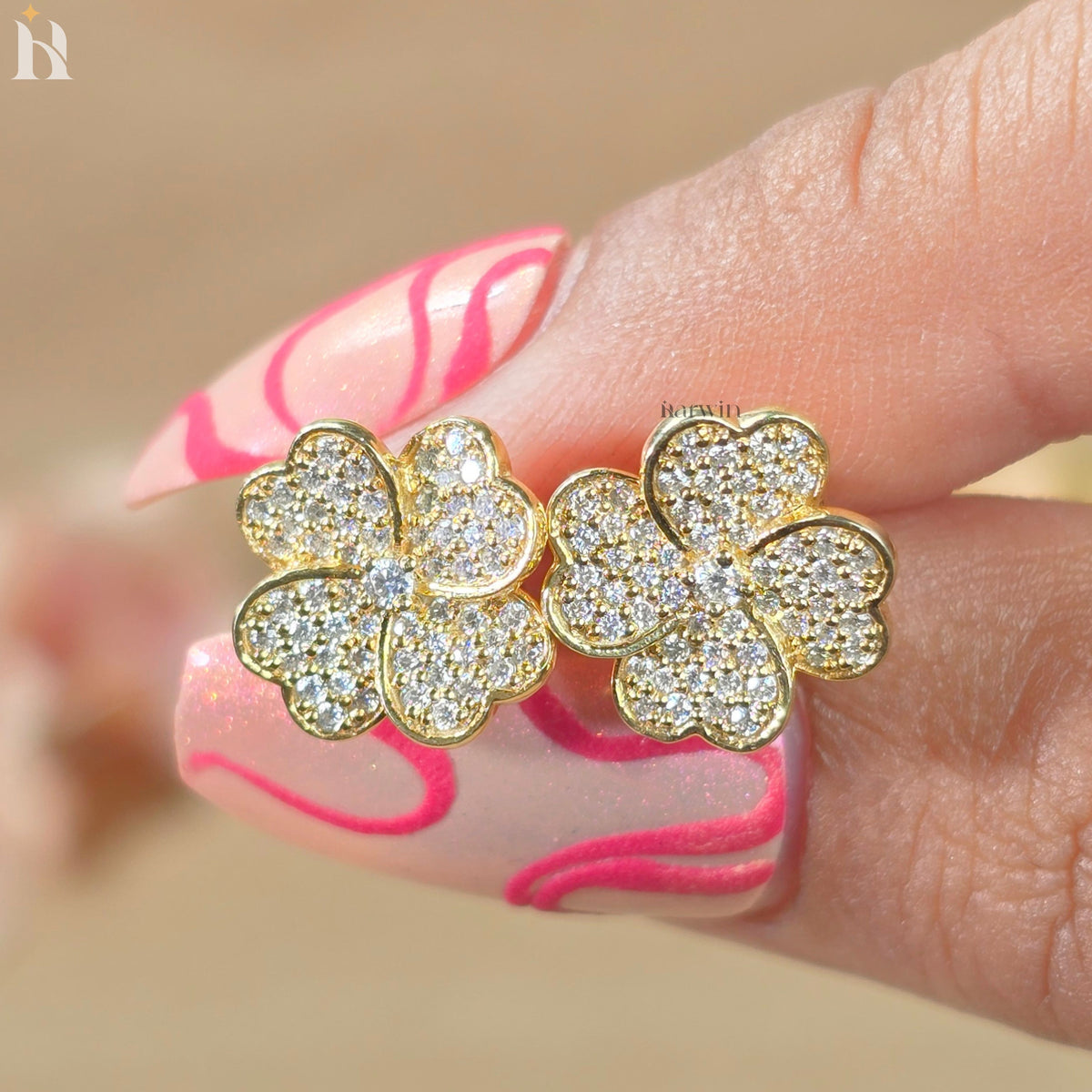 Round Cut Diamond Heart Shape Flower Stud Earrings, Pave Floral Moissanite Gold Studs