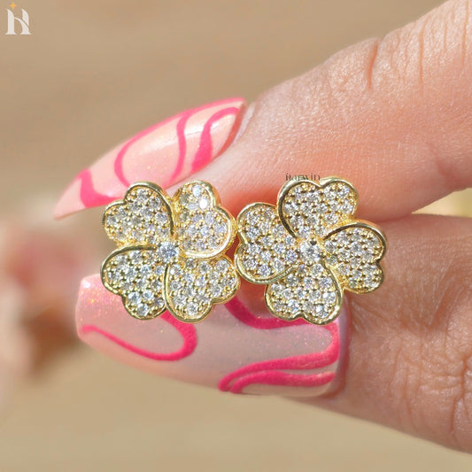 Round Cut Diamond Heart Shape Flower Stud Earrings, Pave Floral Moissanite Gold Studs
