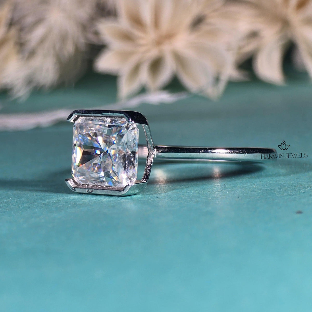 2.5CT East West Radiant Cut Moissanite Solitaires Ring, Half Bezel Setting Ring