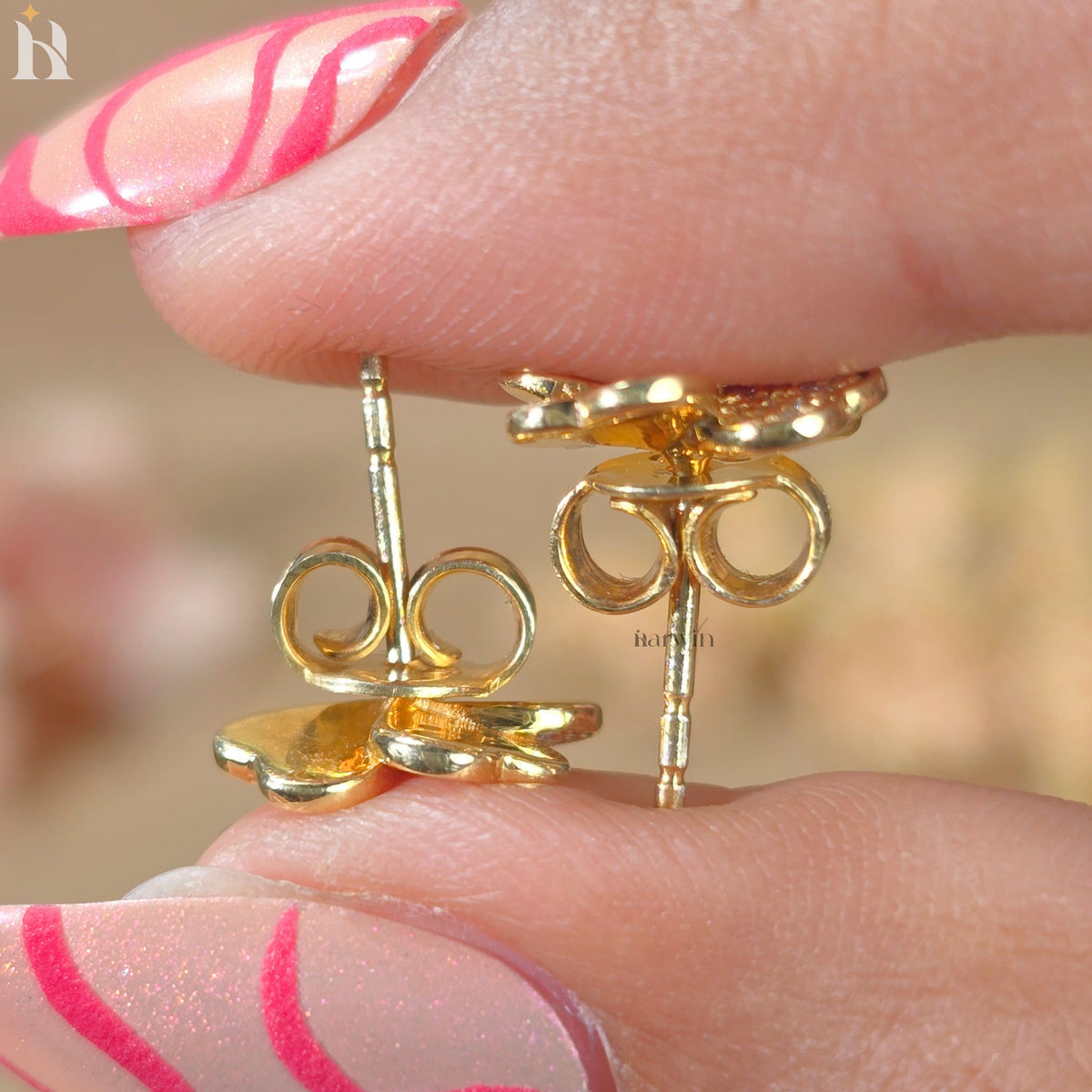 Round Cut Diamond Heart Shape Flower Stud Earrings, Pave Floral Moissanite Gold Studs
