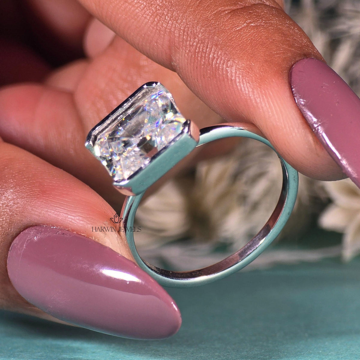 2.5CT East West Radiant Cut Moissanite Solitaires Ring, Half Bezel Setting Ring
