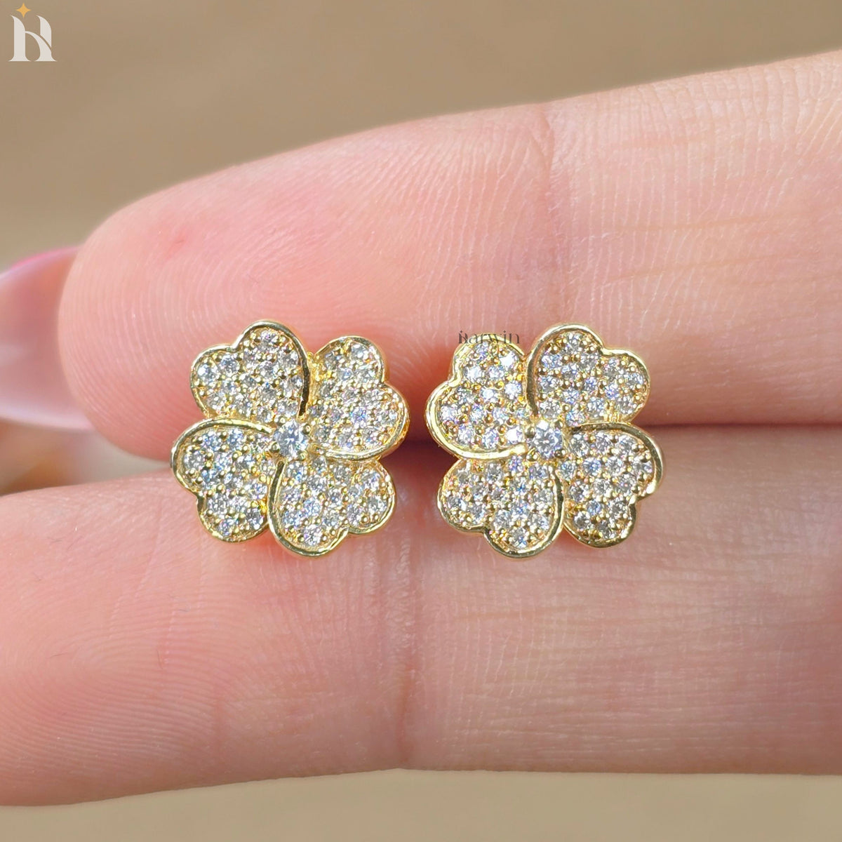 Round Cut Diamond Heart Shape Flower Stud Earrings, Pave Floral Moissanite Gold Studs