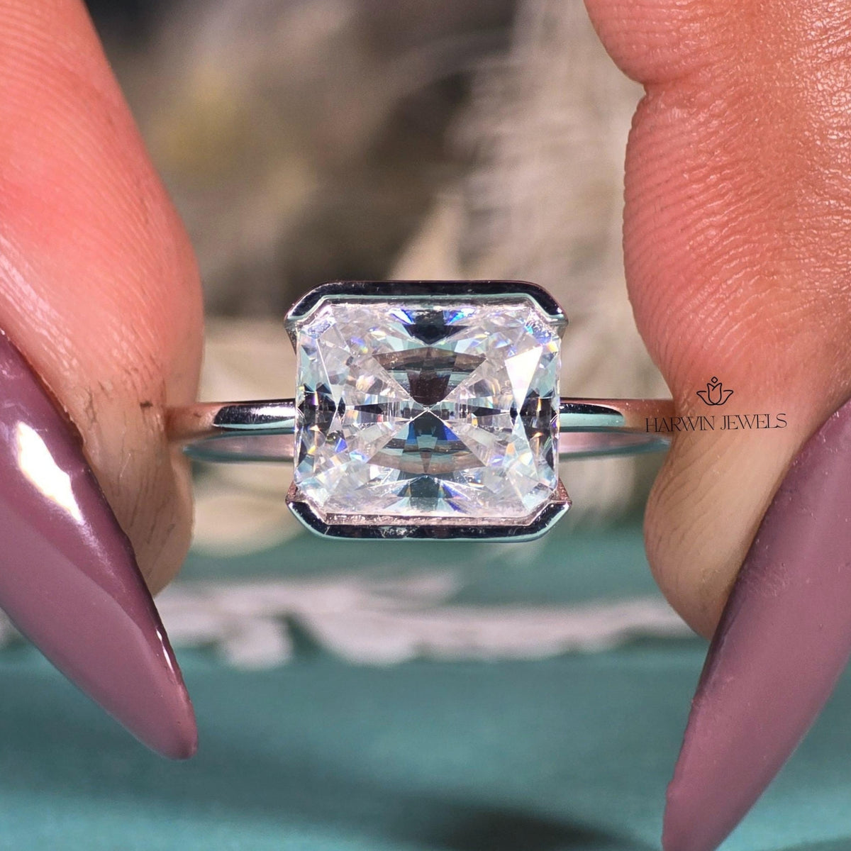 2.5CT East West Radiant Cut Moissanite Solitaires Ring, Half Bezel Setting Ring
