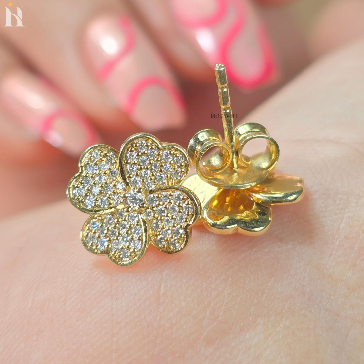 Round Cut Diamond Heart Shape Flower Stud Earrings, Pave Floral Moissanite Gold Studs