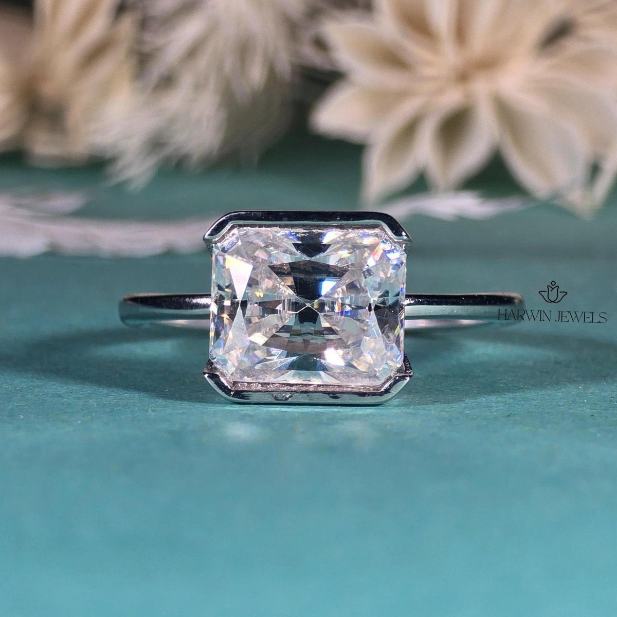 2.5CT East West Radiant Cut Moissanite Solitaires Ring, Half Bezel Setting Ring