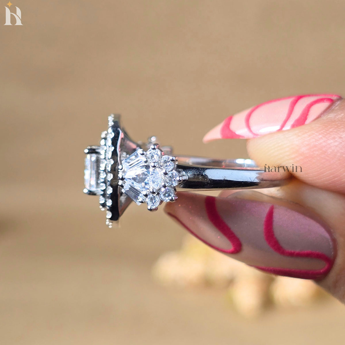Princess Cut Moissanite Cocktail Double halo Engagement Ring, Pear & Baguette Side Diamond Ring