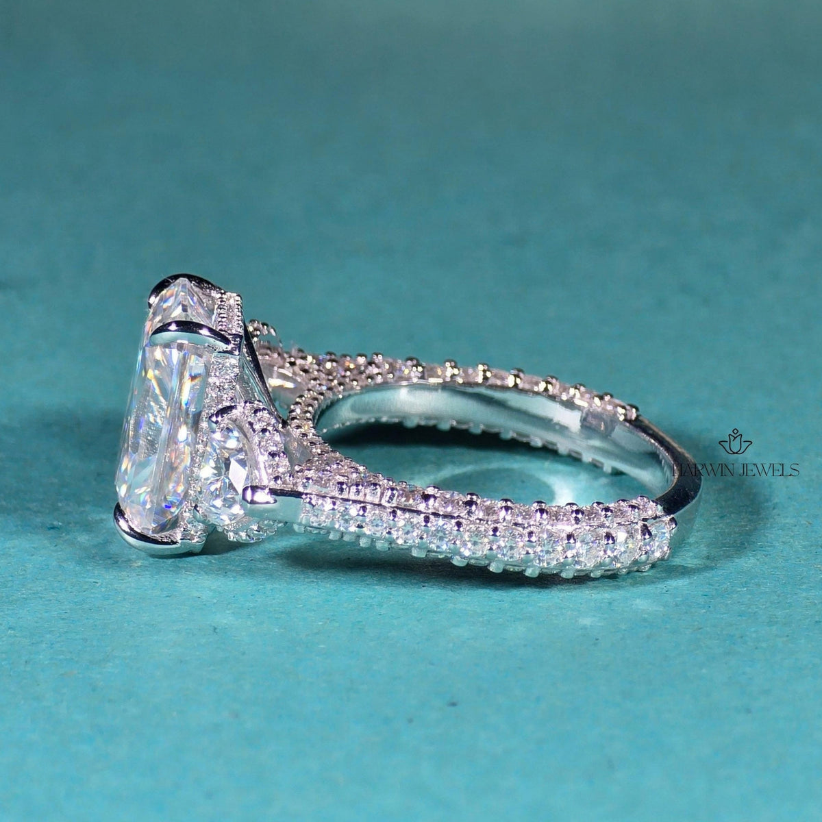 4.50 CT Radiant Cut Side Stone Heart Moissanite Three Stone Ring, Pave Setting Band