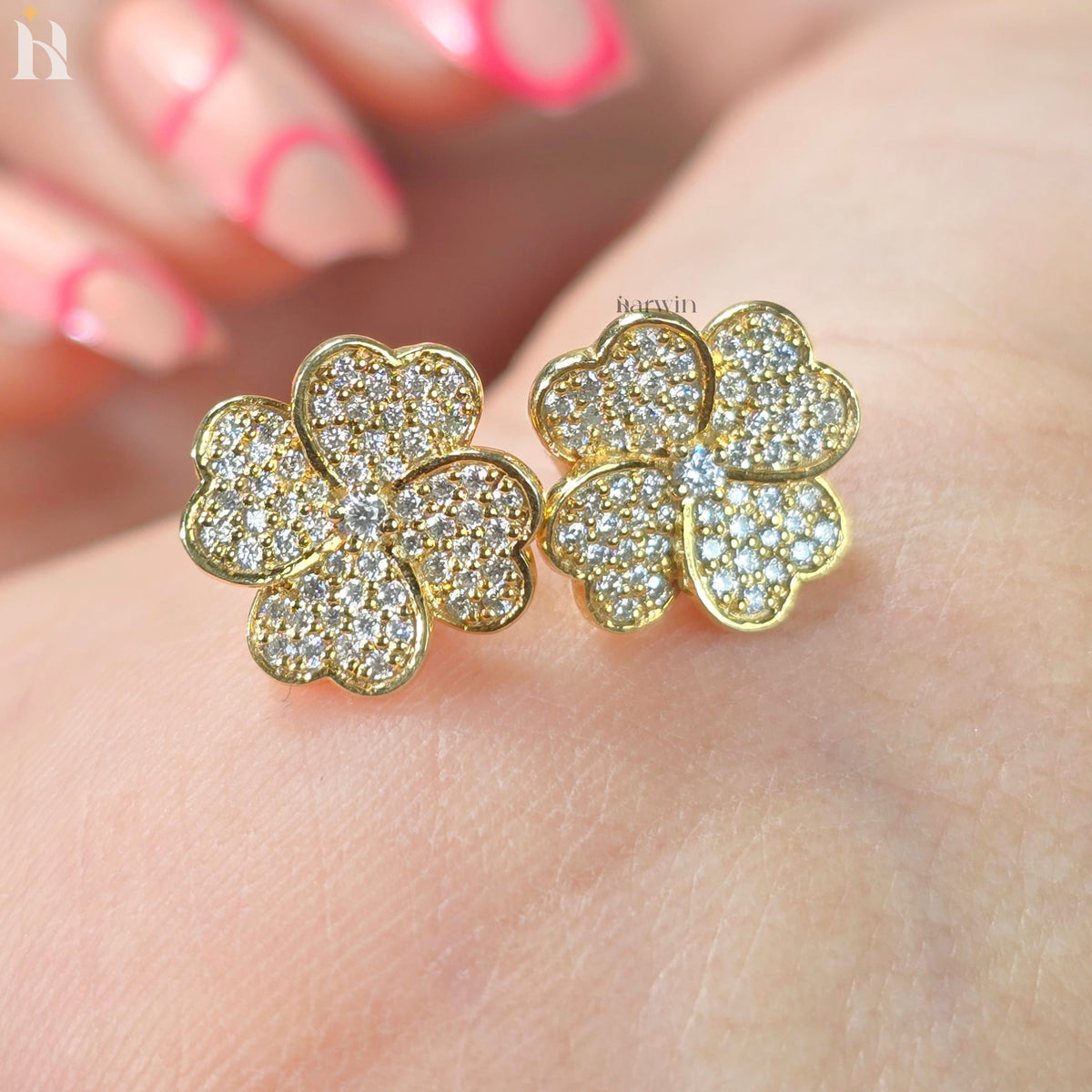Round Cut Diamond Heart Shape Flower Stud Earrings, Pave Floral Moissanite Gold Studs