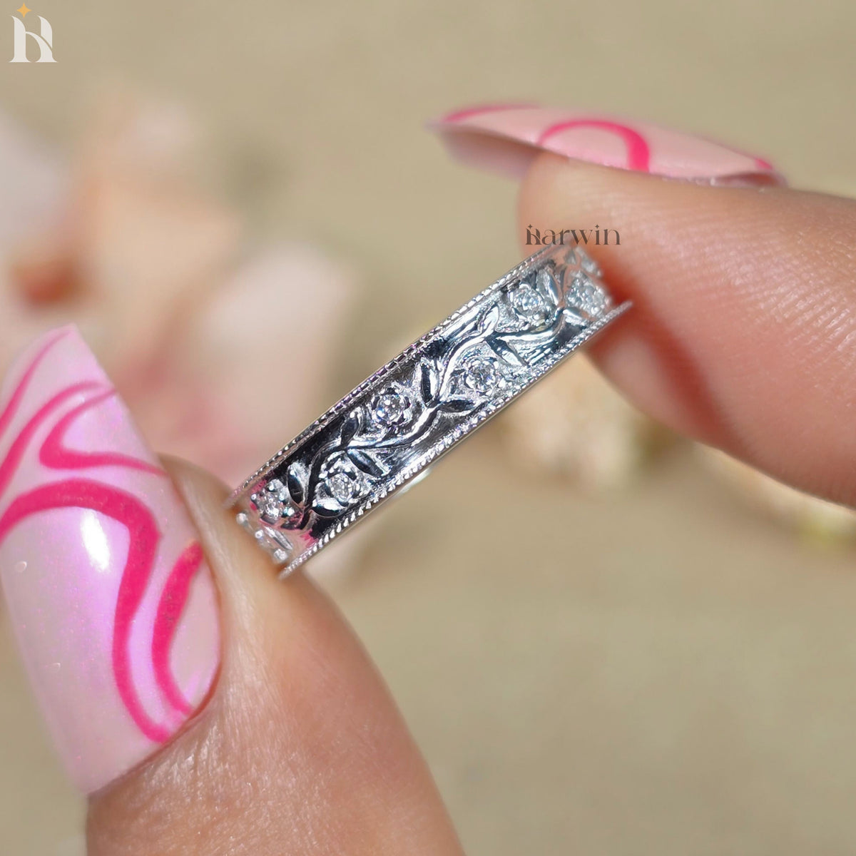 Round  Diamond Flush Milgrain Wedding Band, 4.80MM Wide Vintage Look Wedding Ring
