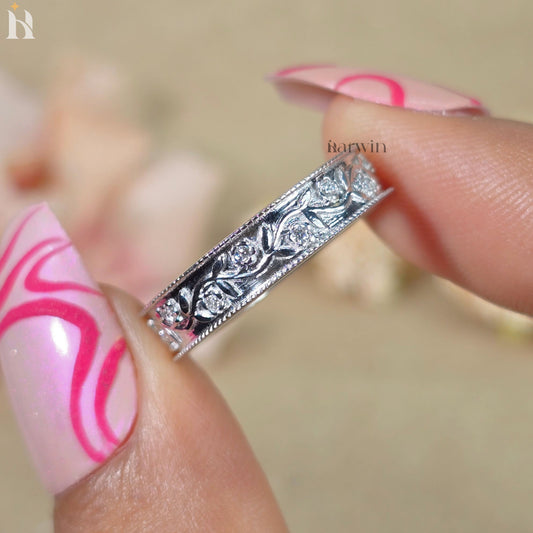 Round  Diamond Flush Milgrain Wedding Band, 4.80MM Wide Vintage Look Wedding Ring