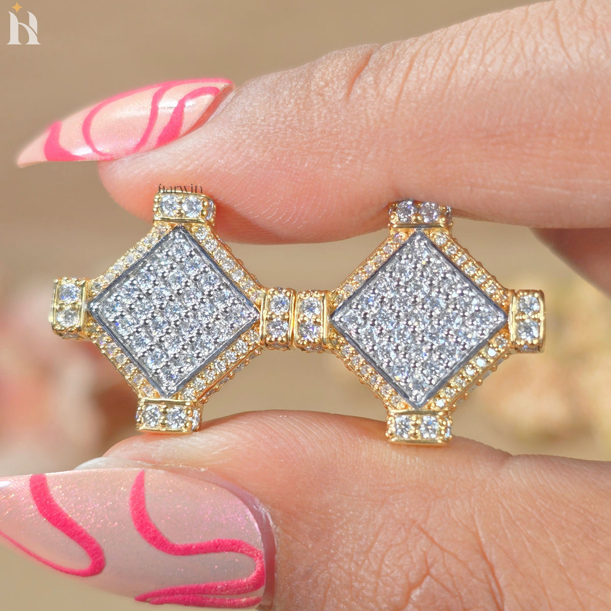 Round Cut Diamond Cluster Stud, Pave Square Moissanite Studs, Gold Geometric Earrings